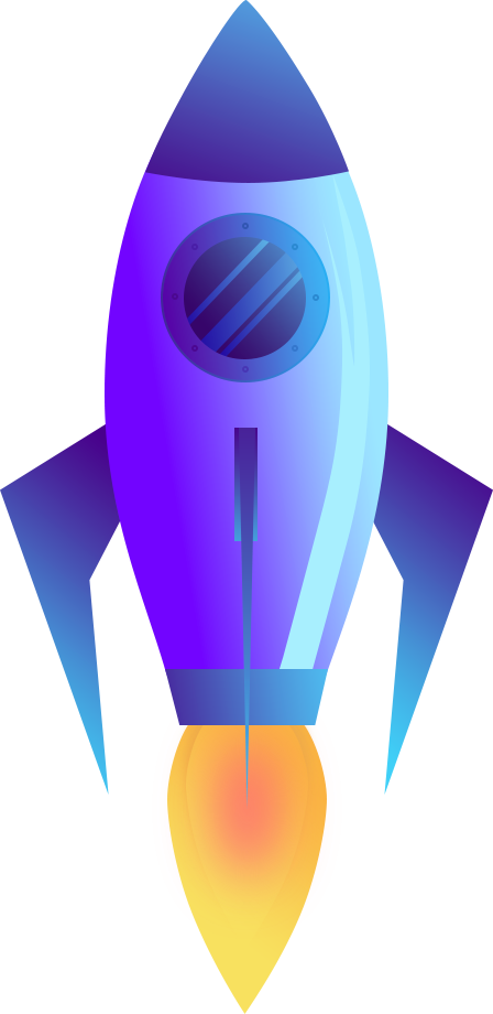 Blue and purple cartoon rocketship taking off